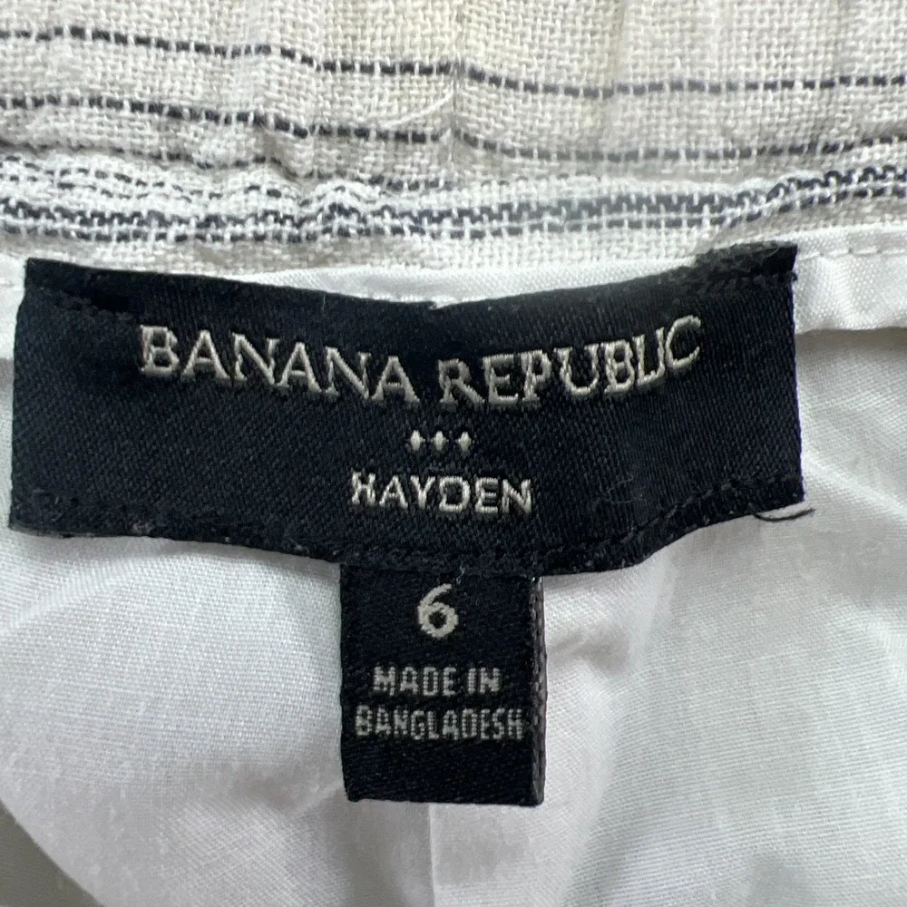 Banana Republic Hayden Pants Women 6 White Gray Striped Linen Slit Elastic Waist